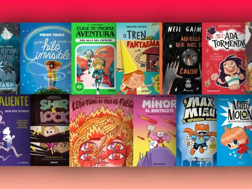 Colección de libros infantiles, ideales para niños de 9 años, con portadas coloridas y aventuras como "El hilo invisible" y "El tren fantasma".