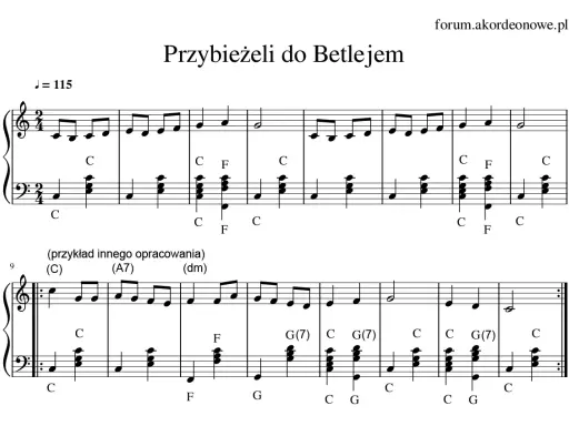 Nutacja kolędy "Przybieżeli do Betlejem" z akordami.