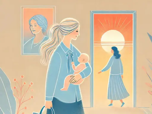 Mamma con bimbo in braccio, guarda un tramonto. Sospira, pensando: "Non voglio tornare a lavoro dopo maternità".