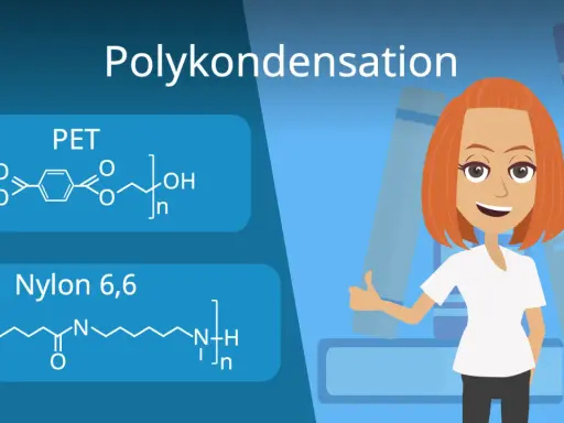 Chemische Formeln für PET und Nylon 6,6, die Beispiele für Polymerisation sind, mit einer lächelnden Frau im Hintergrund.