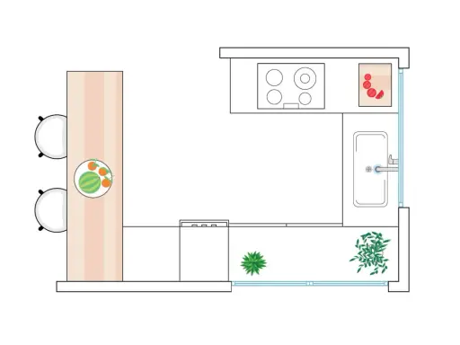 Plano de cocina con barra, dos sillas, estufa, fregadero y plantas. Incluye un detalle de sandía y naranjas.