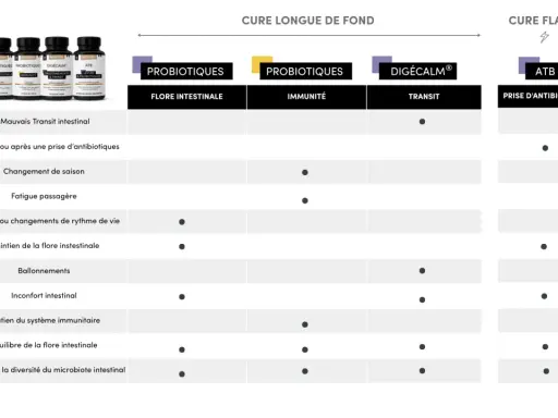 Tableau comparatif des cures probiotiques pour le transit, l'immunité et la flore intestinale. Idéal pour une cure longue ou flash.