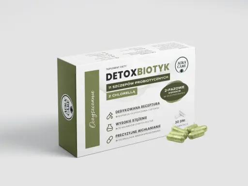 Opakowanie suplementu diety Detoxbiotyk z chlorellą i kapsułkami.
