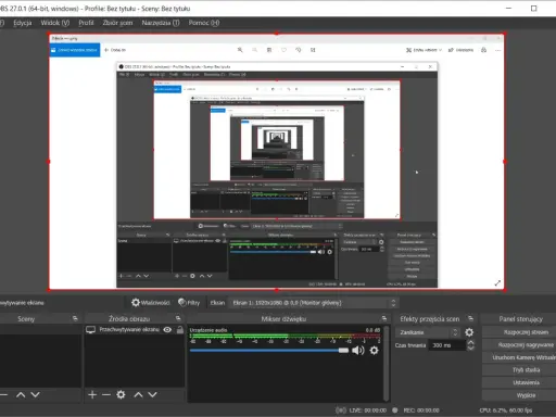 OBS Studio do nagrywania ekranu Windows. Widok programu z ustawieniami przechwytywania ekranu i mikserem dźwięku.