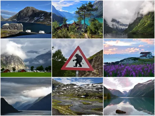 Niesamowite norwegia widoki: góry, fiordy, jeziora, domki, pola fioletowych kwiatów i znak trolla.