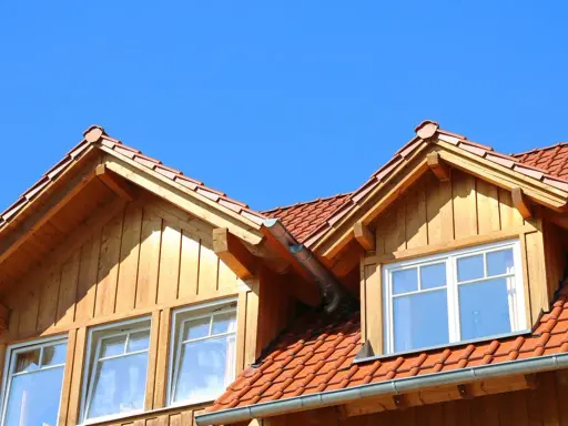 Holzverkleideter Dachausbau mit Gaube und roten Ziegeln unter blauem Himmel.