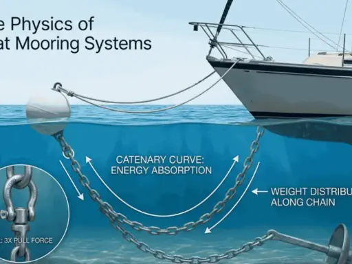 Schéma expliquant la physique des systèmes d'amarrage de bateau, montrant l'ancre d'un bateau, la chaîne et la courbe caténaire pour l'absorption d'énergie.