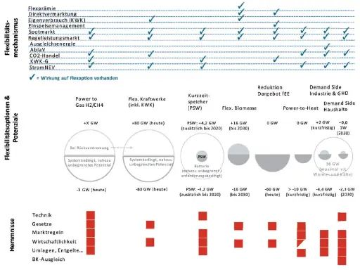 Übersicht über Flexibilitätsmechanismen und Potenziale im **energy market**. Zeigt verschiedene Optionen wie Power-to-Gas, Speicher und Demand Side Management.