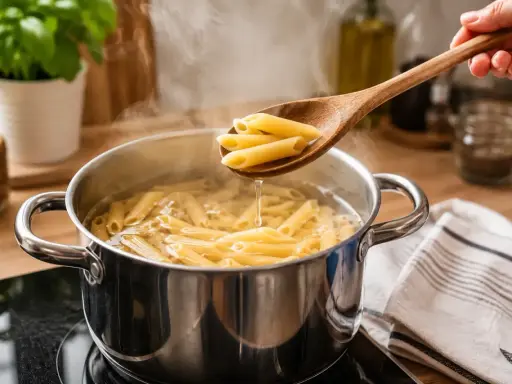 Drewniana łyżka z penne nad garnkiem wrzącej wody. Prosty sposób, jak ugotować makaron do perfekcji.