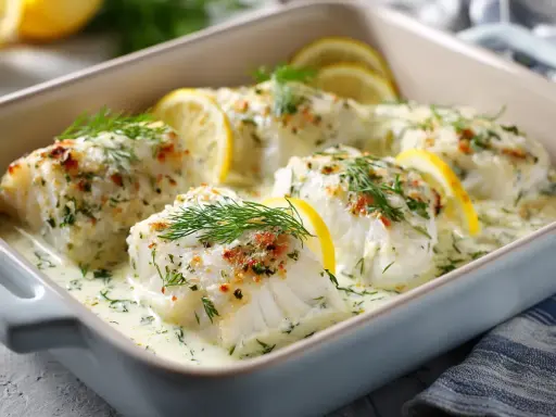 Ugnsbakad torskrygg i krämig sås med citron och dill. Ett perfekt torskrygg recept för en festlig middag.