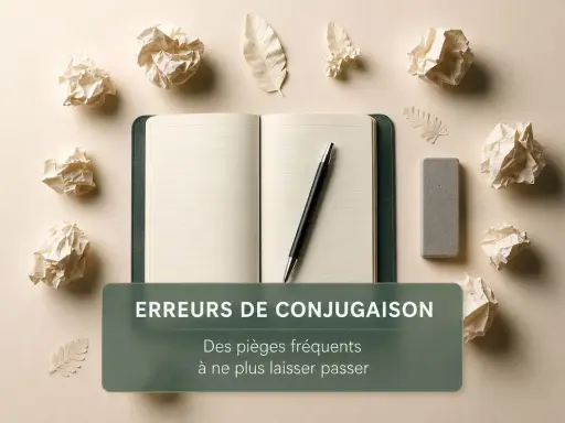 Un cahier ouvert, un stylo, une gomme et des boules de papier froissé. Il vaut mieux maîtriser la conjugaison pour éviter les erreurs.