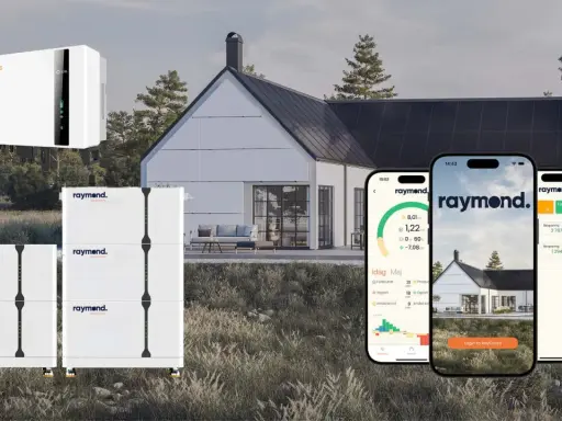 Solis växelriktare och Raymond energilagringssystem vid ett modernt hus. Telefoner visar appen för att övervaka solenergi.