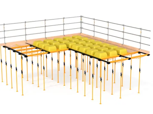Sistema de encofrado recuperable con soportes naranjas y moldes amarillos para crear losas de hormigón.