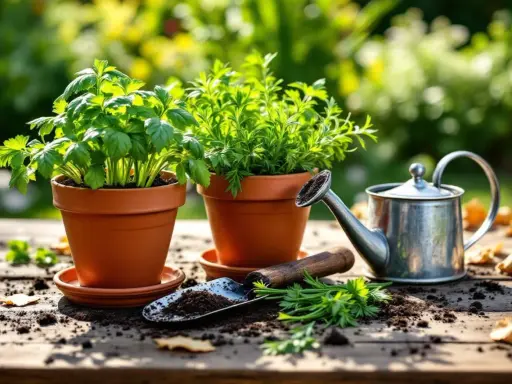 Deux pots de basilic sur une table en bois, avec une petite arrosoir et une pelle à terre.