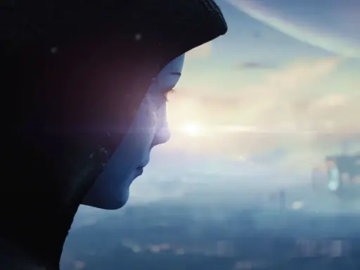 Asari spogląda na wschód słońca nad mglistym miastem, zapowiadając nowe przygody w Mass Effect 5.