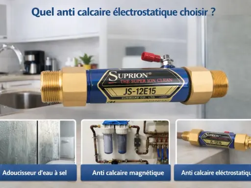 Le Supurion JS-12E15, un type adoucisseur d'eau électrostatique, est présenté dans une cuisine. Trois options sont montrées : adoucisseur à sel, anti calcaire magnétique et électrostatique.