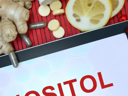 Tablet z napisem "INOZYTOL CO TO", obok imbir, cytryna, kapsułki i tabletki.