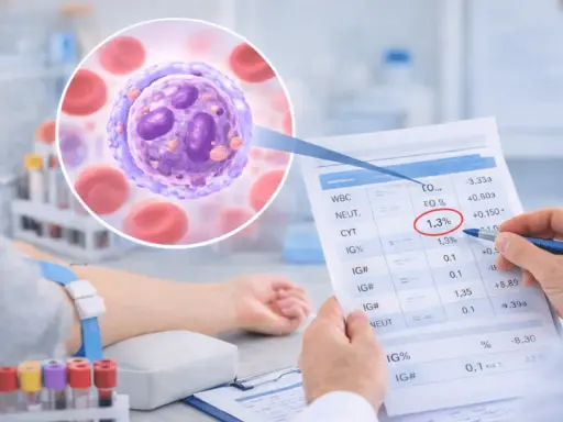 Analiza morfologii krwi: lekarz wskazuje na wynik 1,3% IG% na wydruku badań. W tle widoczna jest komórka zapalna i krwinki czerwone.