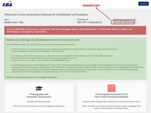 Dashboard für Drohnenpiloten mit Kennzeichen und UAS-Betreiber-Nummer (e-ID). Max Mustermann hat die Prüfung bestanden.