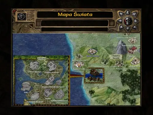 Mapa świata z gry Baldur's Gate: Siege of Dragonspear. Widoczne lokacje: Athkatla, Nashkel, Twierdza Gnolli.
