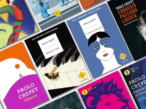 Copertine di libri di Paolo Crepet: "Libertà", "Il reato di pensare", "Coraggio Passione Libertà" con un gatto, e altri titoli.