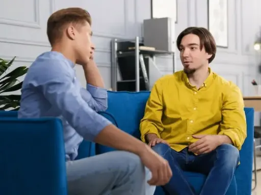 Dwóch mężczyzn siedzi na kanapie, rozmawiając. Jeden z nich opowiada o tym, jak przełamać barierę językową, szukając inspiracji w szczerej rozmowie.