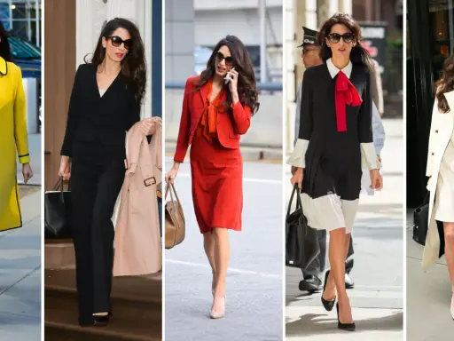 Amal Clooney's fashion style showcases bold colors and sharp tailoring. She's seen in a vibrant yellow coat, a classic black suit, a striking red ensemble, a chic black and white dress, and an elegant cream trench coat.