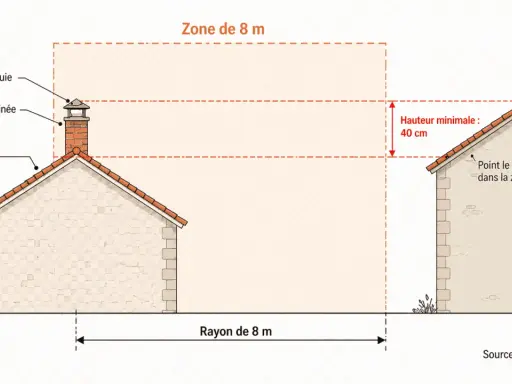 Schéma illustrant la hauteur maximum tubage poêle à granulés. Zone de 8m autour de la souche, avec une hauteur minimale de 40 cm au-dessus du faîtage.
