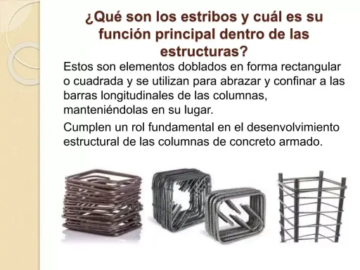 Estribos de construcción, elementos metálicos doblados que confinan barras longitudinales, esenciales para la resistencia de columnas de concreto armado.
