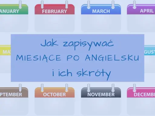 Kalendarze z nazwami miesięcy po angielsku: January, February, March, April, May, August, September, October, November, December. Tekst: "Jak zapisywać miesiące po angielsku i ich skróty".
