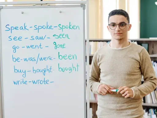 Nauczyciel wyjaśnia formy czasowników, od prostych do tych w **far stopień wyższy i najwyższy**.
