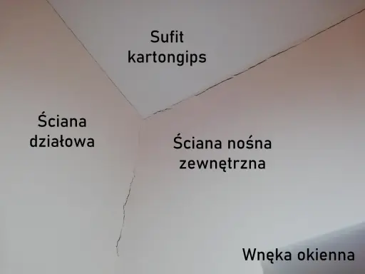 Pękające ściany starego domu, sufit kartongips, ściana działowa, ściana nośna zewnętrzna i wnęka okienna.