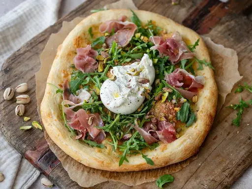 Pizza med burrata, prosciutto och pistagenötter. En härlig kombination av krämighet och sälta.