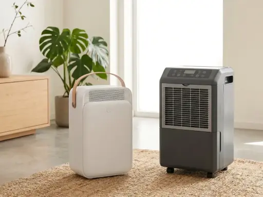 Dos tipos de deshumidificadores, uno blanco y portátil, otro gris con ruedas, en una sala de estar moderna.