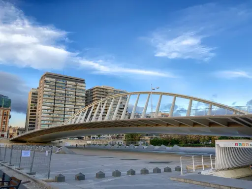El moderno puente de la Exposición cruza un río, con edificios altos al fondo bajo un cielo azul con nubes.