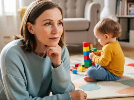 Kobieta na urlopie wychowawczym zamyślona, podczas gdy dziecko bawi się klockami. Czy to dobry czas na przedszkole?