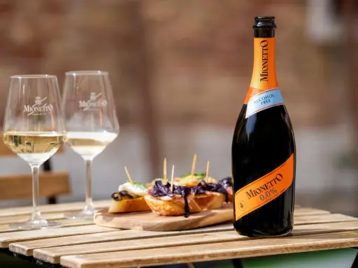 Mionetto alkoholfreier Aperol 0.0% mit zwei Gläsern und leckeren Bruschettas auf einem Holztisch.