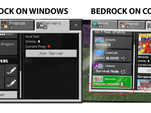 Porównanie interfejsów serwerów w grze Minecraft Bedrock na Windows i konsoli. Widoczne są różne opcje serwerów, w tym "Mineville" z aktualizacją więzienia, co pokazuje możliwości gry w **minecraft gry online**.