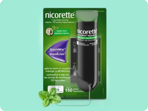 Nicorette QuickMist VapoÉclair: frische Minze, 1 mg Nikotin pro Sprühstoß, ca. 150 Sprühstöße. Hilft bei Rauchverlangen.