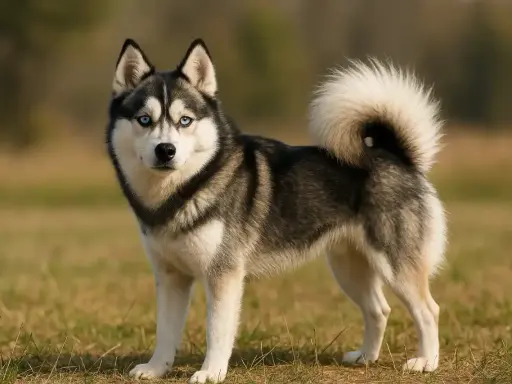 Un magnifique chien pomsky aux yeux bleus perçants se tient fièrement dans un champ herbeux, sa queue touffue enroulée sur son dos.