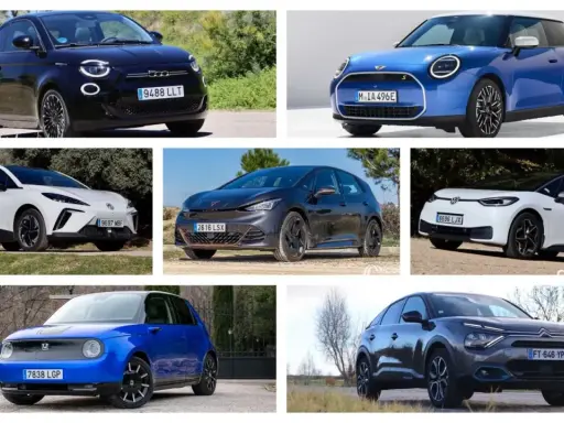 Variedad de tipos de vehículos eléctricos: Fiat 500e, Mini Cooper SE, MG4, Cupra Born, VW ID.3, Honda e y Citroën ë-C4.