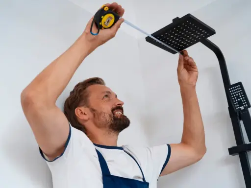 Un homme mesure avec un mètre ruban pour installer une colonne de douche noire dans une salle de bain carrelée.