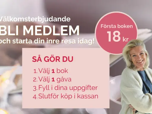 Bli medlem och starta din inre resa idag! Erbjudande: första boken för 18 kr. En glad kvinna ler.