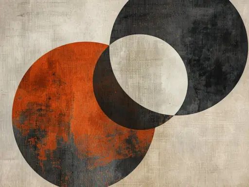 Minimal art mit überlappenden Kreisen in Orange, Schwarz und Beige. Textur erinnert an Leinwand.