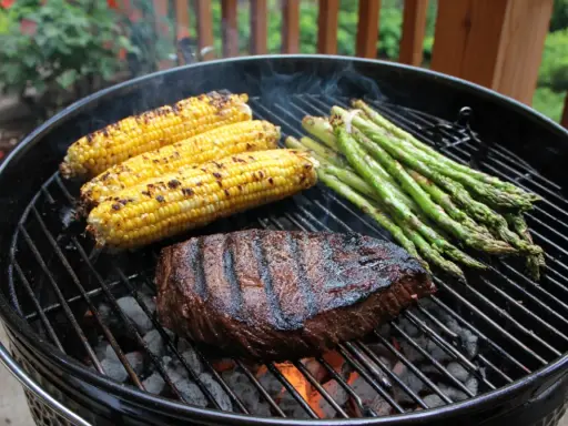 Grillad biff, majskolvar och sparris på en klotgrill. Perfekt för grymma grillrecept en sommardag.
