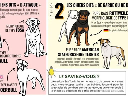 Les chiens dits "d'attaque" et "de garde" : Pitbull, Boerbull, Rottweiler, Tosa. Ce top 10 chien dangereux illustre des morphologies.