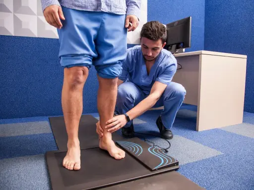 Un podologue examine le pied d'un patient sur un tapis de mesure, dans le cadre d'une consultation de pédicurie.
