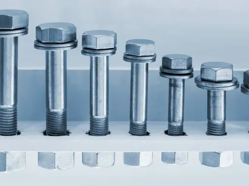 Varios tornillos de diferentes tamaños, con cabezas hexagonales y arandelas. El tornillo 8.8 indica su alta resistencia.