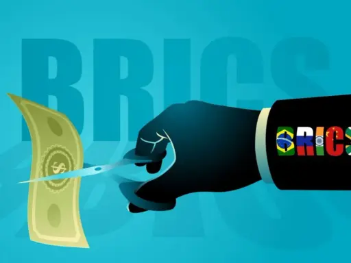 Ręka w garniturze z flagami BRICS przecina dolara, symbolizując nową walutę BRICS.
