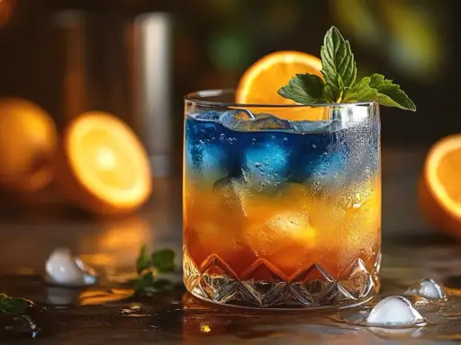 Kolorowe drinki przepisy: dwukolorowy koktajl z pomarańczą i miętą, otoczony owocami i lodem.